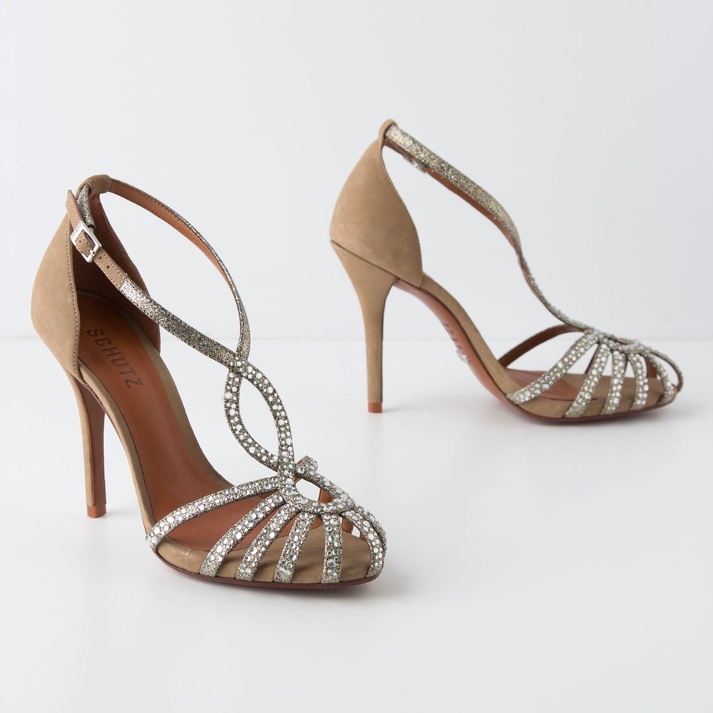 Schutz Silver Glitter Embellished Stones Caged Heel Sandal